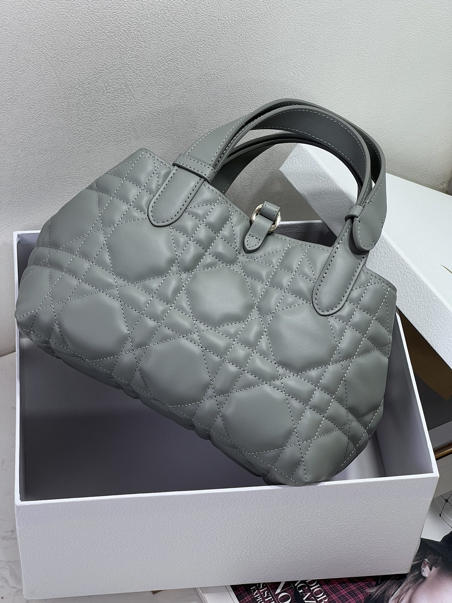 Small Dior Toujours Bag Gray Macrocannage Calfskin